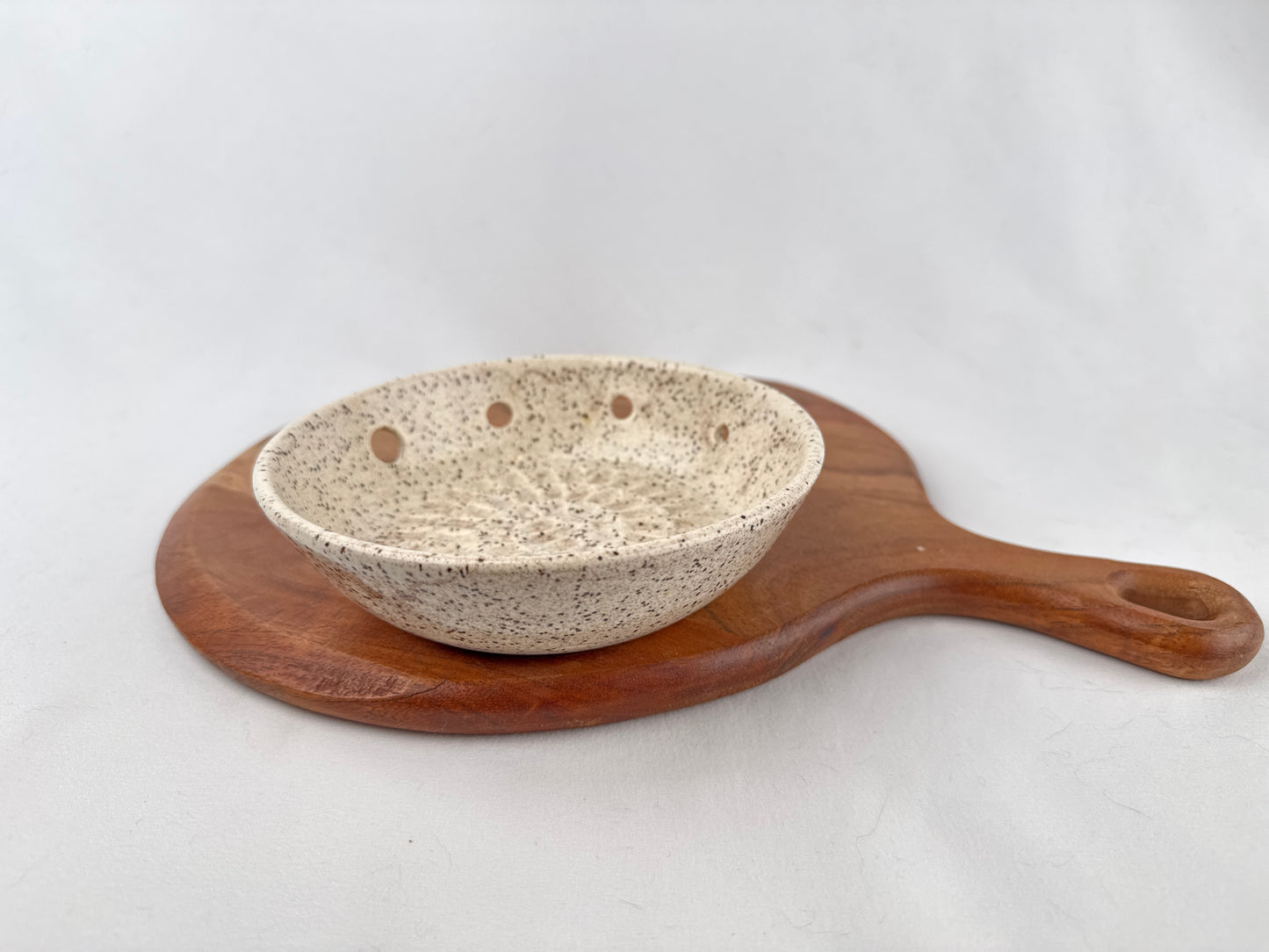 White Speckle Ceramic Herb Stripper and Garlic Dish
